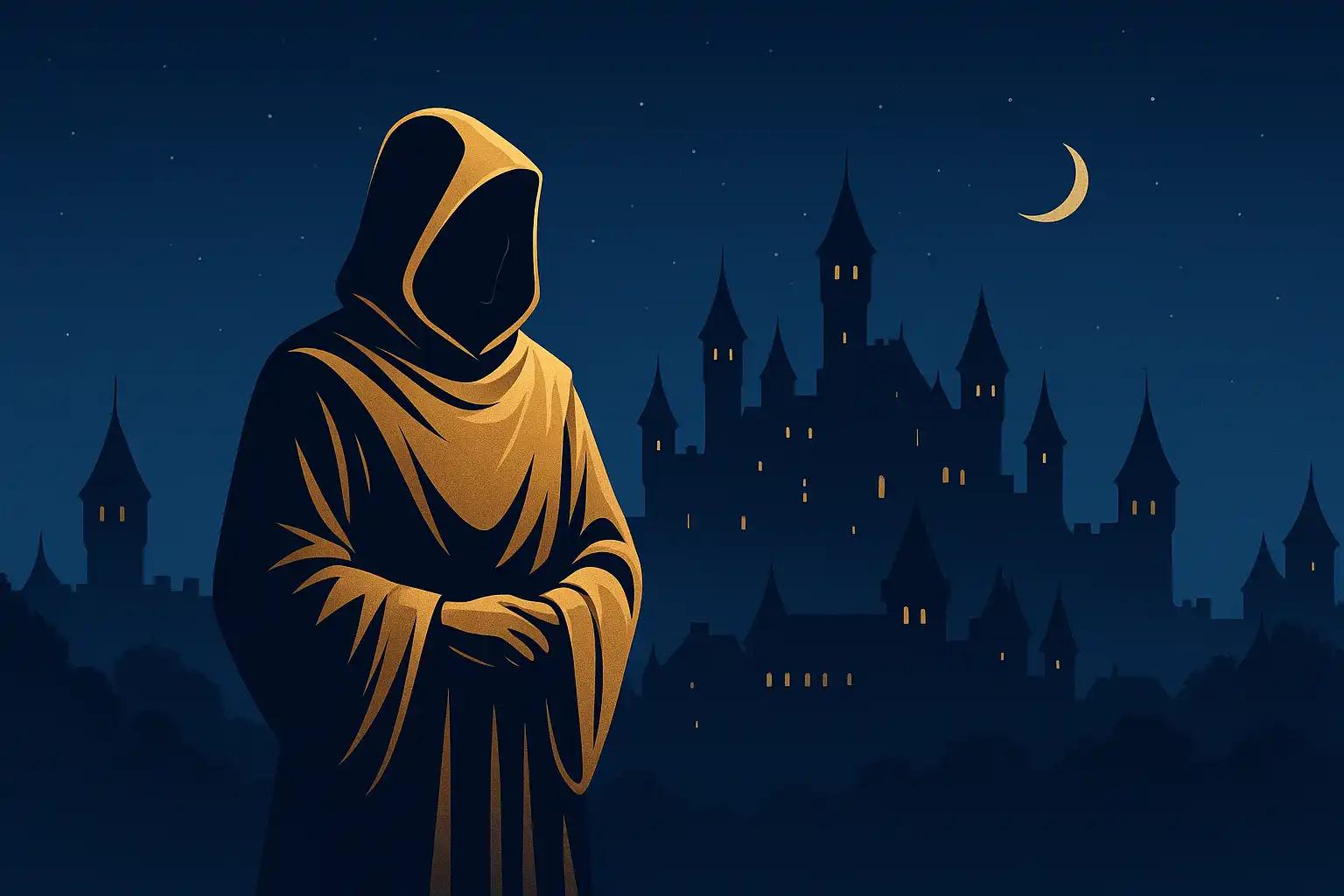 Silhouette di una mascotte con tunica dorata davanti a uno skyline di castello blu notte
