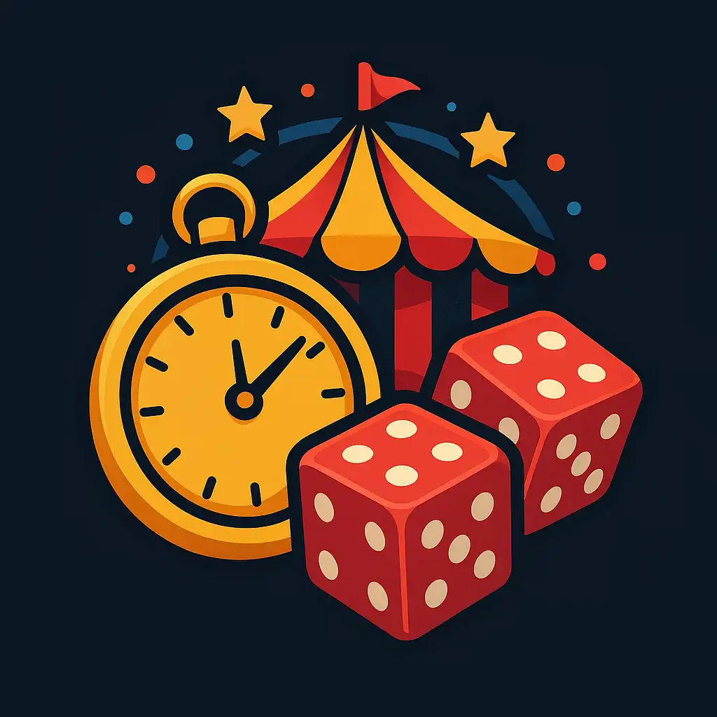 Crazy Time Slot-Symbol mit rotierender goldener Uhr und Würfeln