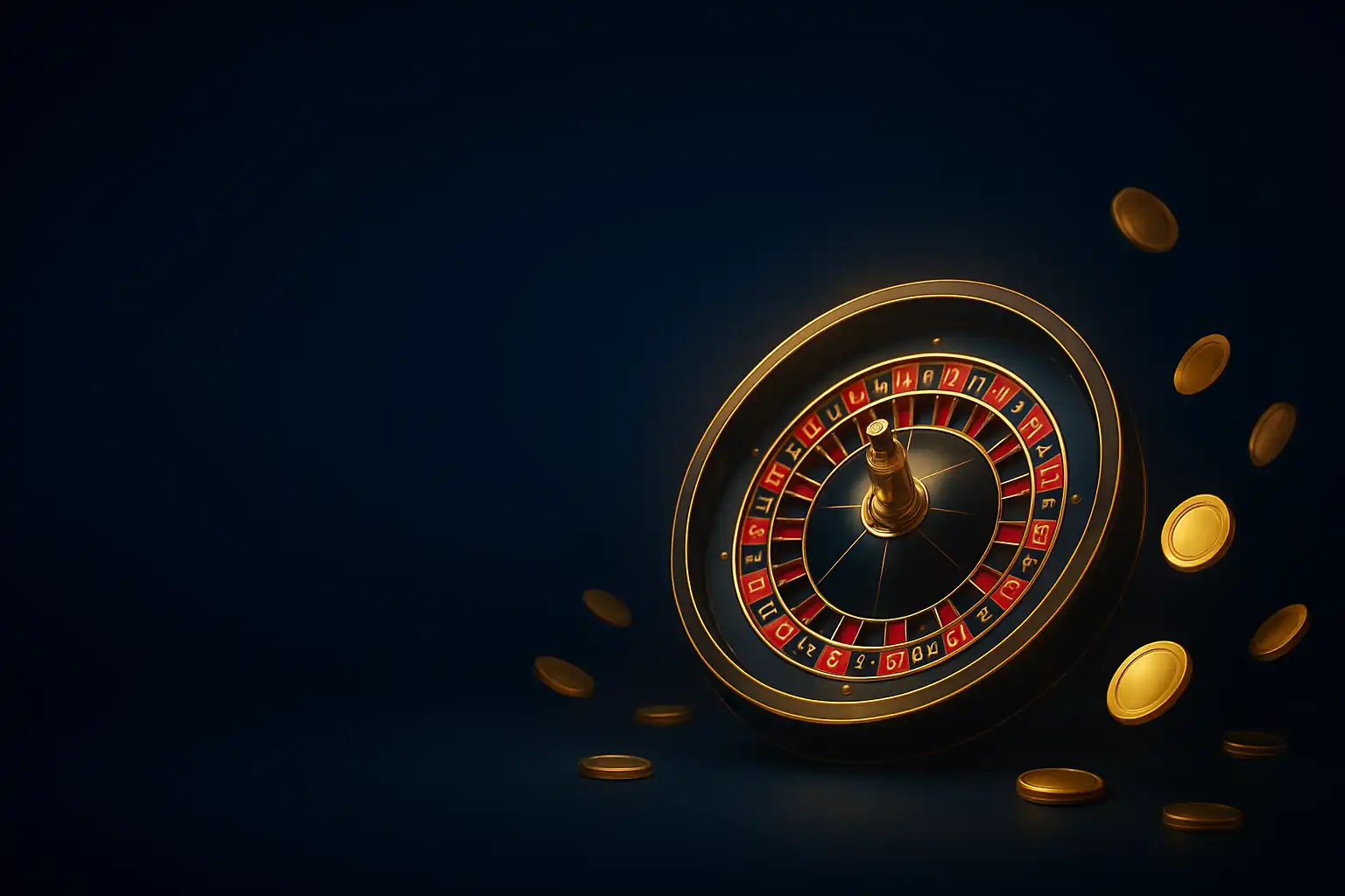 Nachtblaue Casino-Lobby mit leuchtendem goldenem Roulette-Rad und Münzen