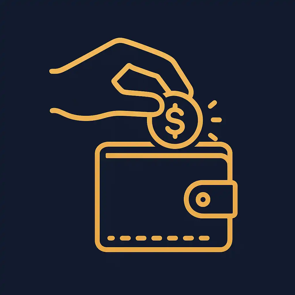 Illustration einer Hand, die eine goldene Münze in eine Geldbörse einzahlt