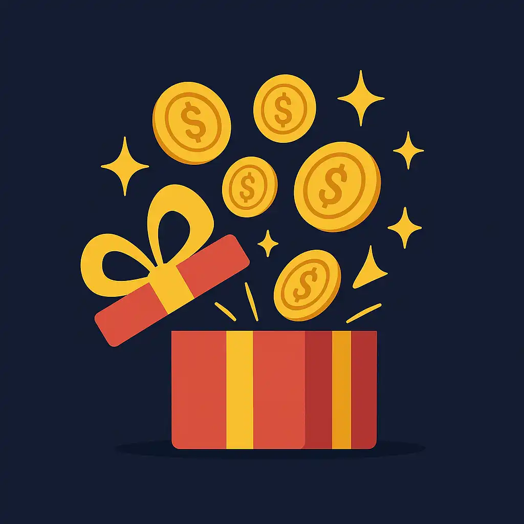 Illustration einer Geschenkbox, aus der goldene Münzen hervorsprudeln